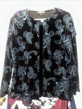 Black Velvet Cardigan with Teal Floral Velvet Burnout